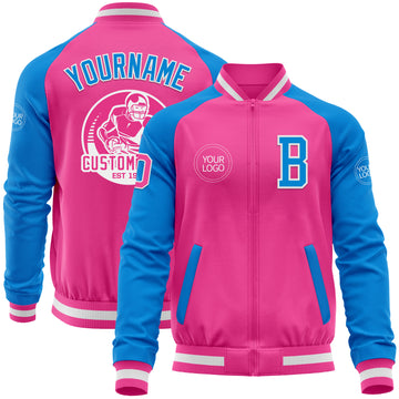 Custom Pink White-Powder Blue Bomber Varsity Letterman Two Tone Zipper Jacket