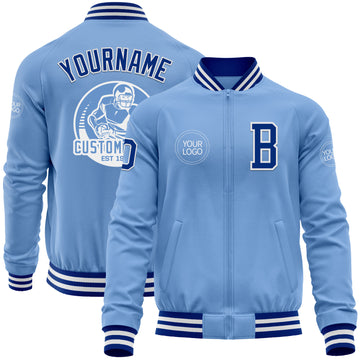 Custom Light Blue Royal-White Bomber Varsity Letterman Zipper Jacket