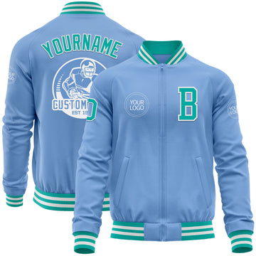 Custom Light Blue Aqua-White Bomber Varsity Letterman Zipper Jacket