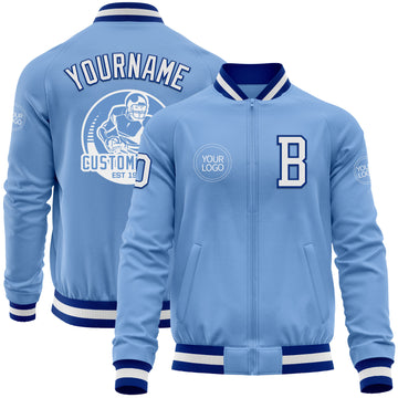 Custom Light Blue White-Royal Bomber Varsity Letterman Zipper Jacket