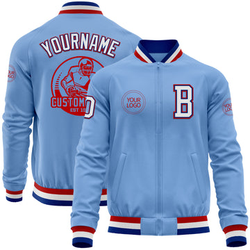 Custom Light Blue Royal-Red Bomber Varsity Letterman Zipper Jacket