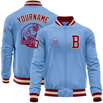 Custom Light Blue Maroon-Cream Bomber Varsity Letterman Zipper Jacket