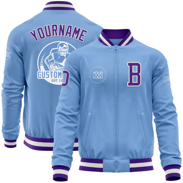 Custom Light Blue Purple-White Bomber Varsity Letterman Zipper Jacket