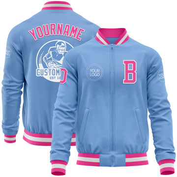 Custom Light Blue Pink-White Bomber Varsity Letterman Zipper Jacket