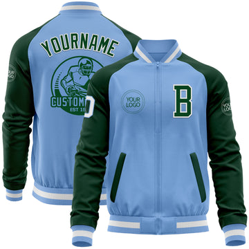 Custom Light Blue White-Green Bomber Varsity Letterman Two Tone Zipper Jacket