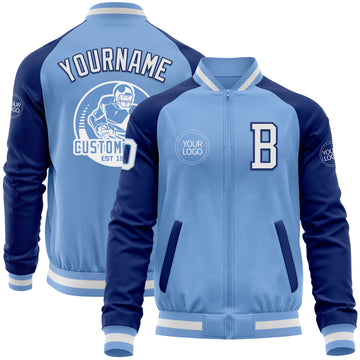 Custom Light Blue White-Royal Bomber Varsity Letterman Two Tone Zipper Jacket