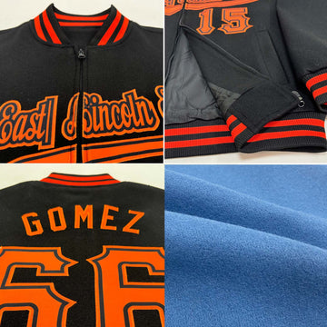 Custom Light Blue Orange-Black Bomber Varsity Letterman Two Tone Zipper Jacket