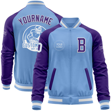 Custom Light Blue White-Purple Bomber Varsity Letterman Two Tone Zipper Jacket