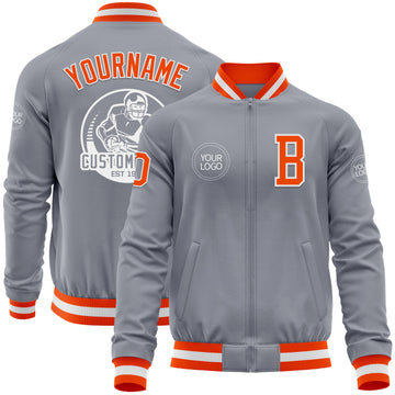 Custom Gray Orange-White Bomber Varsity Letterman Zipper Jacket