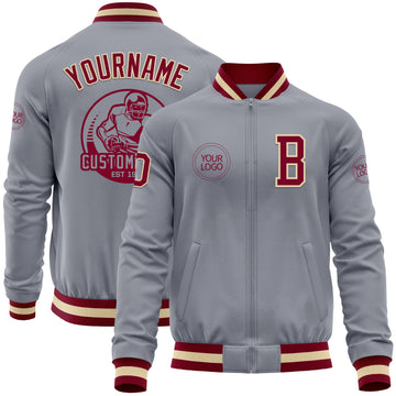 Custom Gray Maroon-Cream Bomber Varsity Letterman Zipper Jacket