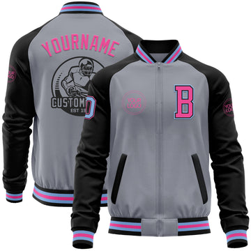 Custom Gray Light Blue Black-Pink Bomber Varsity Letterman Two Tone Zipper Jacket