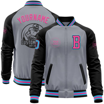 Custom Gray Sky Blue Black-Pink Bomber Varsity Letterman Two Tone Zipper Jacket