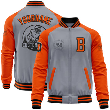 Custom Gray Black-Orange Bomber Varsity Letterman Two Tone Zipper Jacket