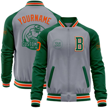 Custom Gray Orange-Kelly Green Varsity Letterman Two Tone Zipper Jacket