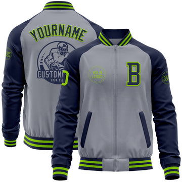 Custom Gray Neon Green-Navy Varsity Letterman Two Tone Zipper Jacket