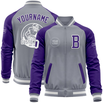 Custom Gray White-Purple Varsity Letterman Two Tone Zipper Jacket