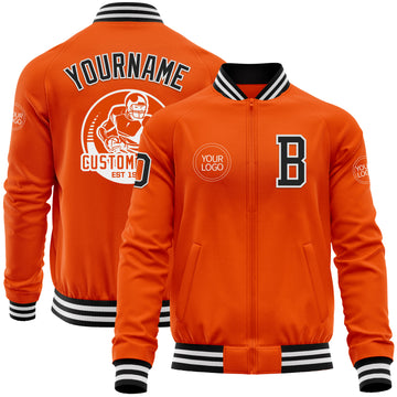 Custom Orange Black-White Bomber Varsity Letterman Zipper Jacket