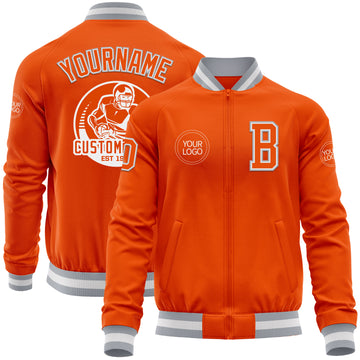 Custom Orange White-Gray Bomber Varsity Letterman Zipper Jacket