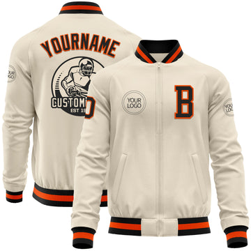 Custom Cream Black-Orange Bomber Varsity Letterman Zipper Jacket