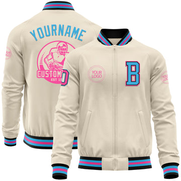 Custom Cream Pink Black-Sky Blue Bomber Varsity Letterman Zipper Jacket