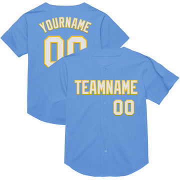 Custom Light Blue White-Yellow Mesh Authentic Throwback Baseball Jersey