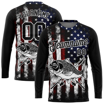 Custom Black Red-Royal 3D American Flag And Carp Fish Fishing Long Sleeve Performance T-Shirt