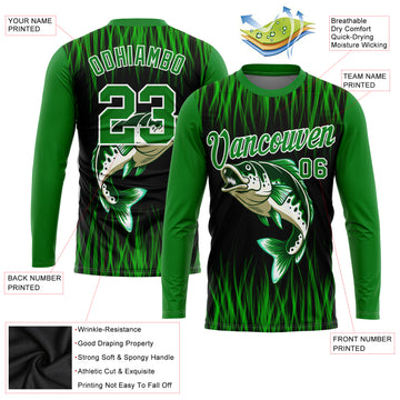 Custom Grass Green Black-White 3D Bass Fish Fishing Long Sleeve Performance T-Shirt