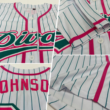 Custom White Teal Pinstripe Pink Authentic Baseball Jersey