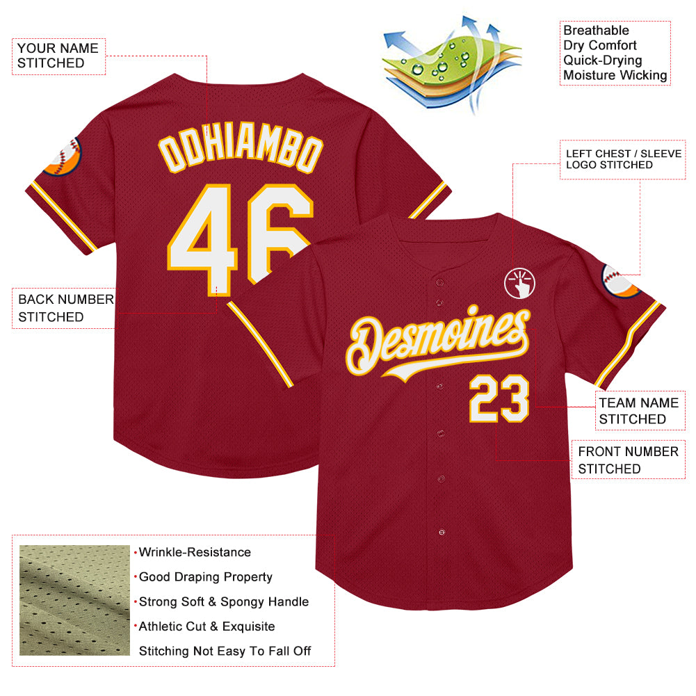 Custom Maroon White-Gold Mesh Authentic Throwback Baseball Jersey Discount