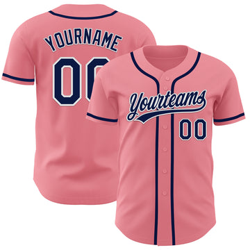 Custom Medium Pink Navy-White Authentic Baseball Jersey