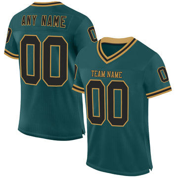 Custom Midnight Green Black-Old Gold Mesh Authentic Throwback Football Jersey