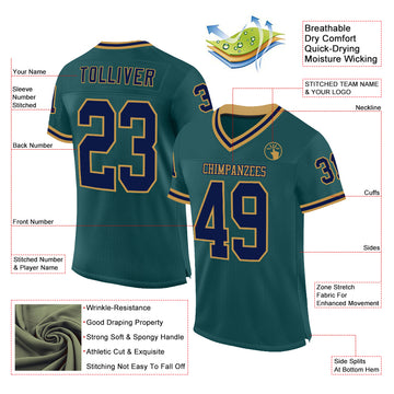 Custom Midnight Green Navy-Old Gold Mesh Authentic Throwback Football Jersey