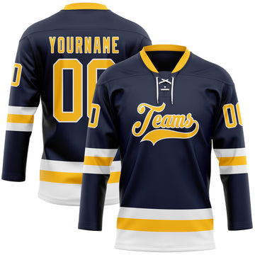 Custom Navy Gold-White Hockey Lace Neck Jersey