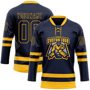 Custom Navy Gold Hockey Lace Neck Jersey