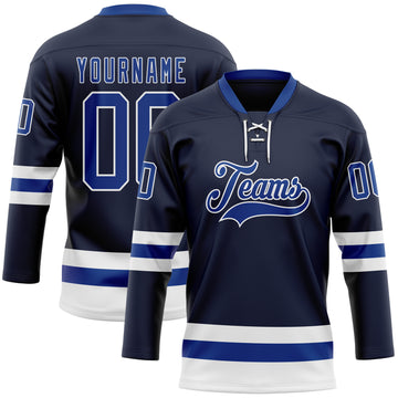 Custom Navy Royal-White Hockey Lace Neck Jersey