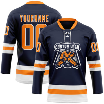 Custom Navy Bay Orange-White Hockey Lace Neck Jersey