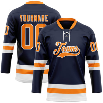 Custom Navy Bay Orange-White Hockey Lace Neck Jersey