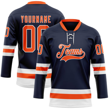 Custom Navy Orange-White Hockey Lace Neck Jersey