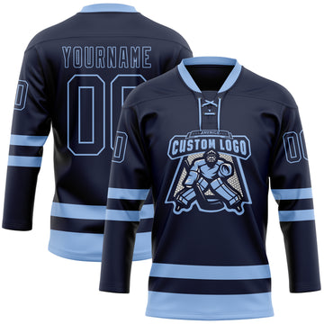 Custom Navy Light Blue Hockey Lace Neck Jersey