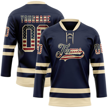 Custom Navy Vintage USA Flag-Cream Hockey Lace Neck Jersey