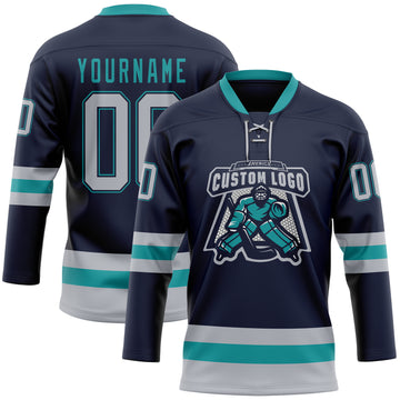 Custom Navy Gray-Teal Hockey Lace Neck Jersey