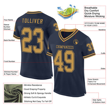 Custom Navy Old Gold Mesh Authentic Throwback Football Jersey