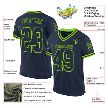 Custom Navy Neon Green Mesh Authentic Throwback Football Jersey