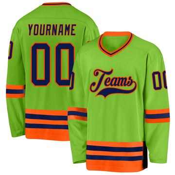 Custom Neon Green Navy-Orange Hockey Jersey