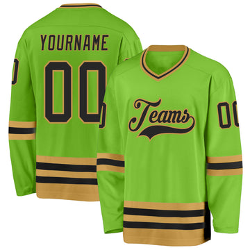 Custom Neon Green Black-Old Gold Hockey Jersey