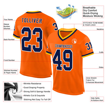 Custom Orange Navy-Gold Mesh Authentic Throwback Football Jersey