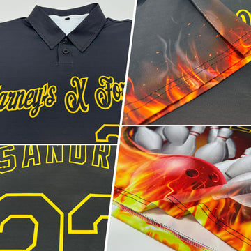 Custom Black Gold 3D Pattern Design Flame Bowling Performance Polo Shirt