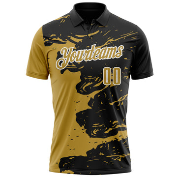 Custom Black Old Gold-White 3D Bowling Splash Ink Performance Polo Shirt