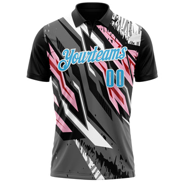 Custom Black Sky Blue Gray Light Pink-Red 3D Bowling Abstract Grunge Art Performance Polo Shirt