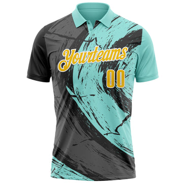 Custom Ice Blue Yellow-Steel Gray 3D Bowling Splash Ink Performance Polo Shirt